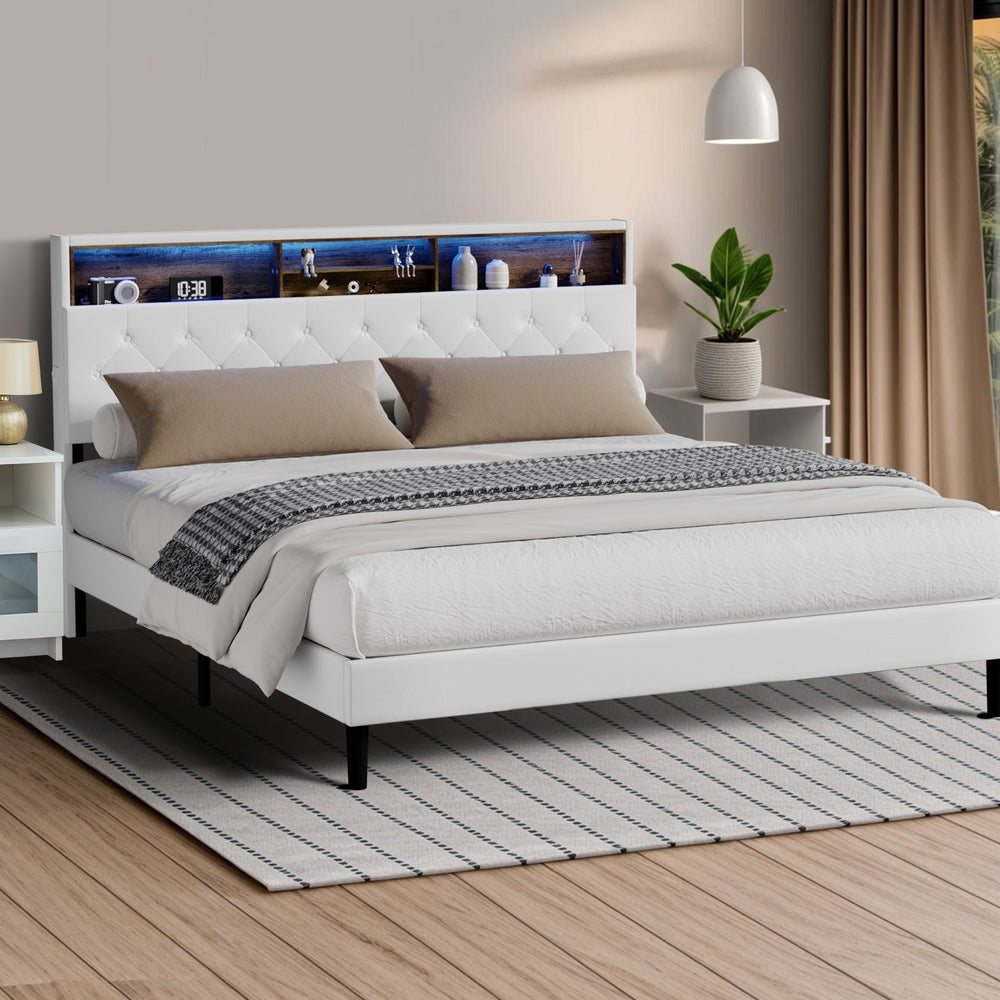 Oikiture Bed Frame King Size with LED Storage Bedhead White