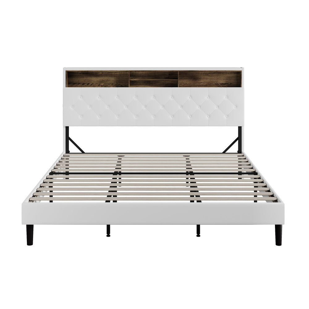Oikiture Bed Frame King Size with LED Storage Bedhead White