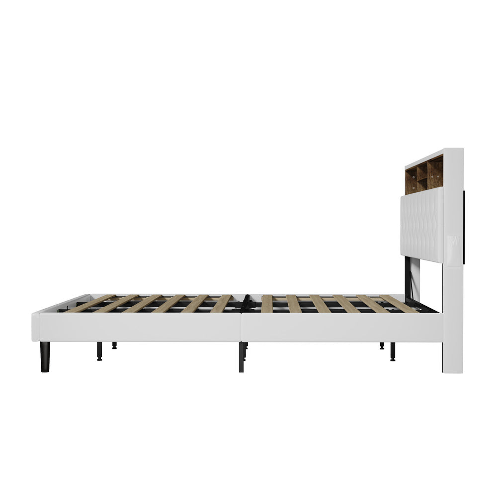 Oikiture Bed Frame King Size with LED Storage Bedhead White