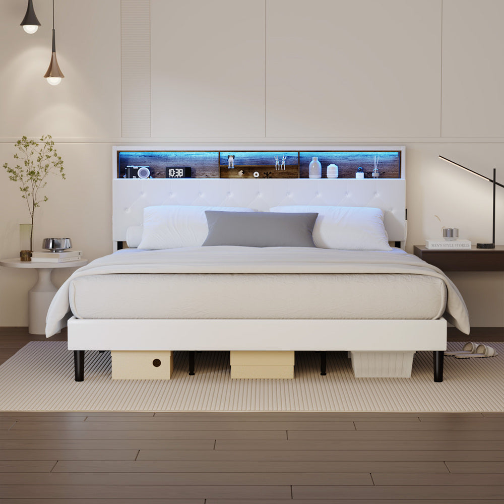 Oikiture Bed Frame King Size with LED Storage Bedhead White