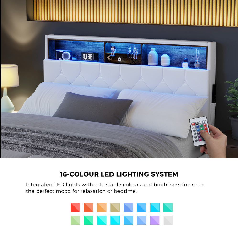 Oikiture Bed Frame King Size with LED Storage Bedhead White