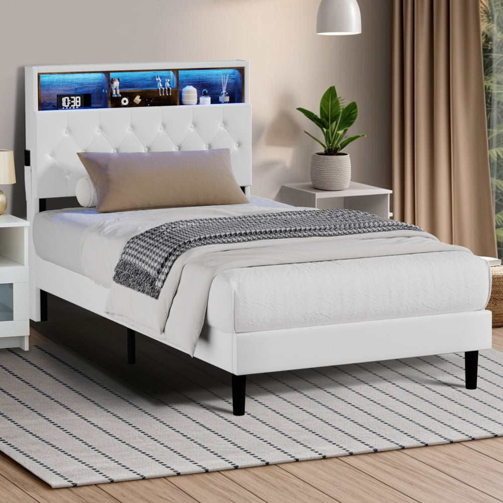 Oikiture Bed Frame King Single Size with LED Storage Bedhead White