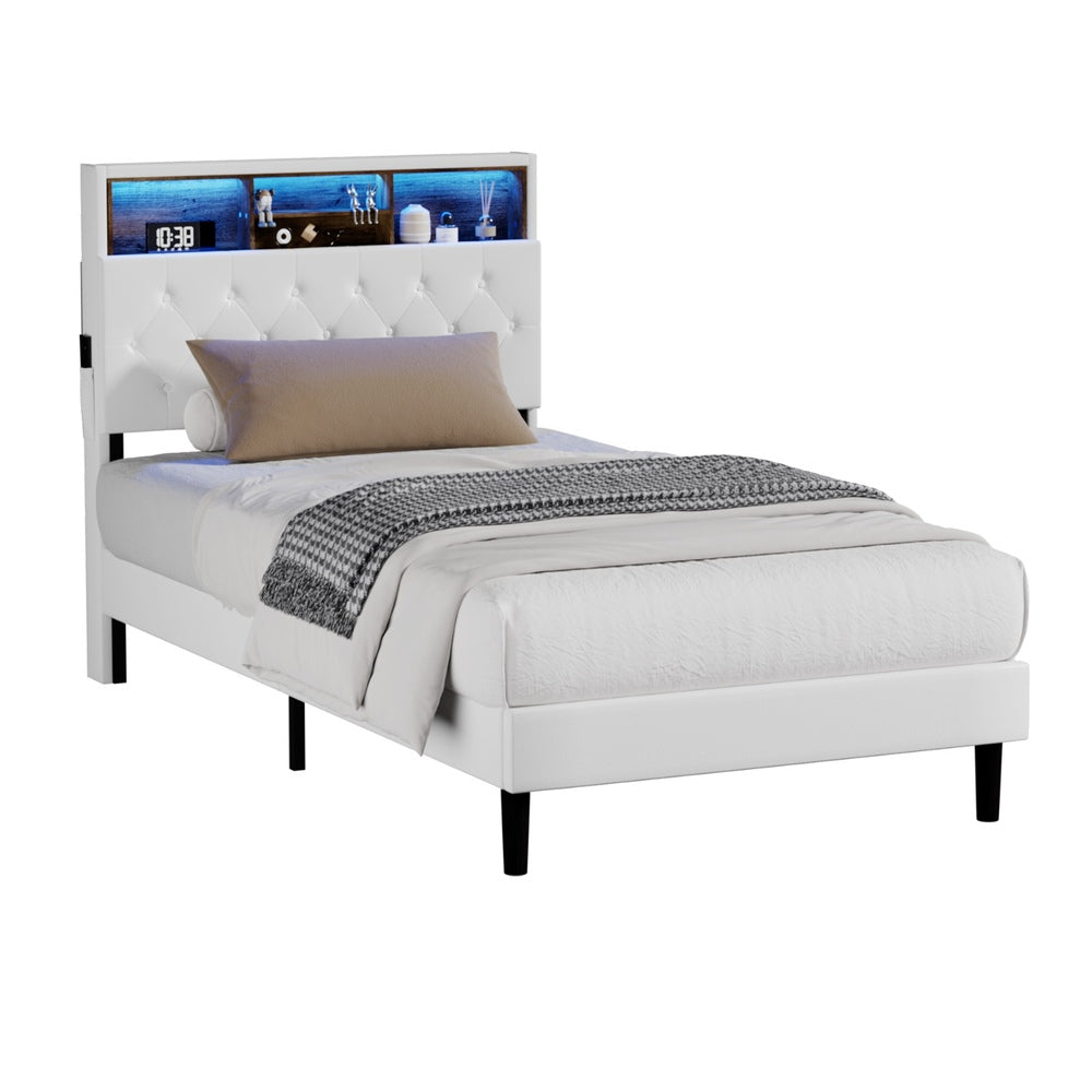Oikiture Bed Frame King Single Size with LED Storage Bedhead White