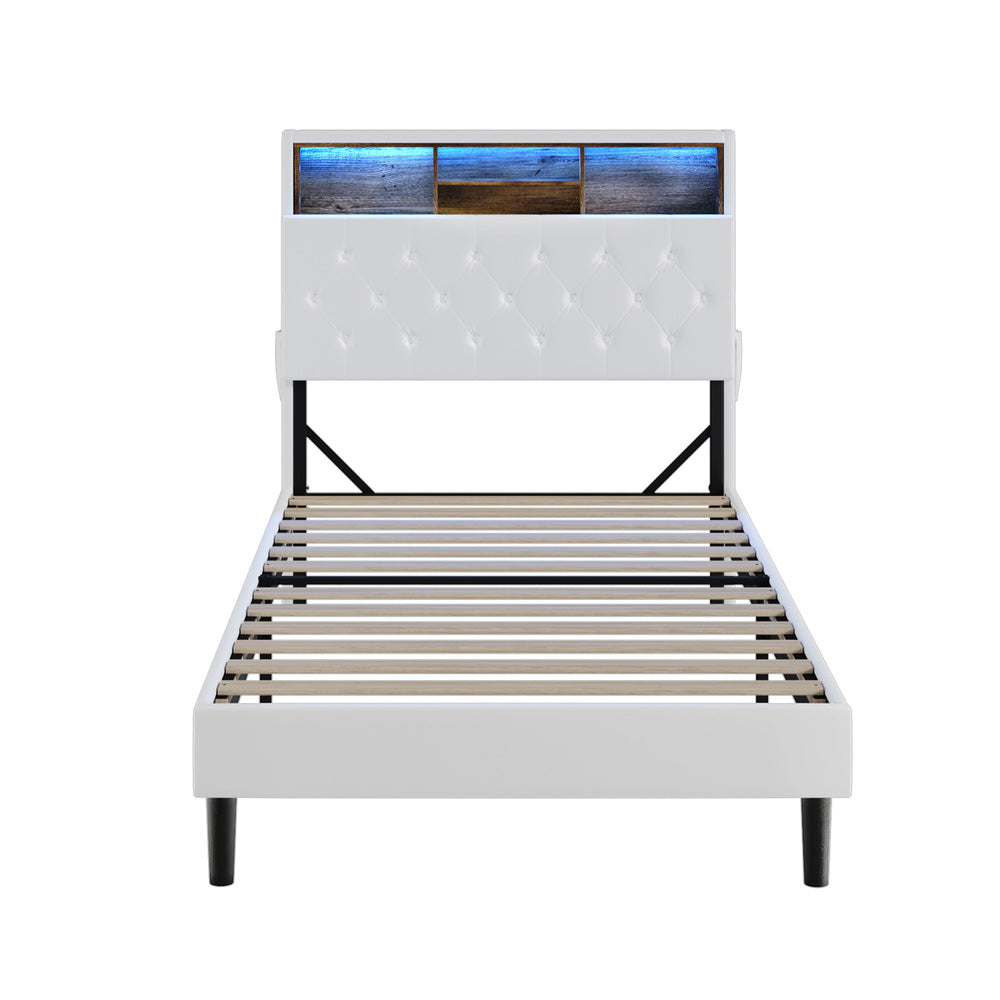 Oikiture Bed Frame King Single Size with LED Storage Bedhead White