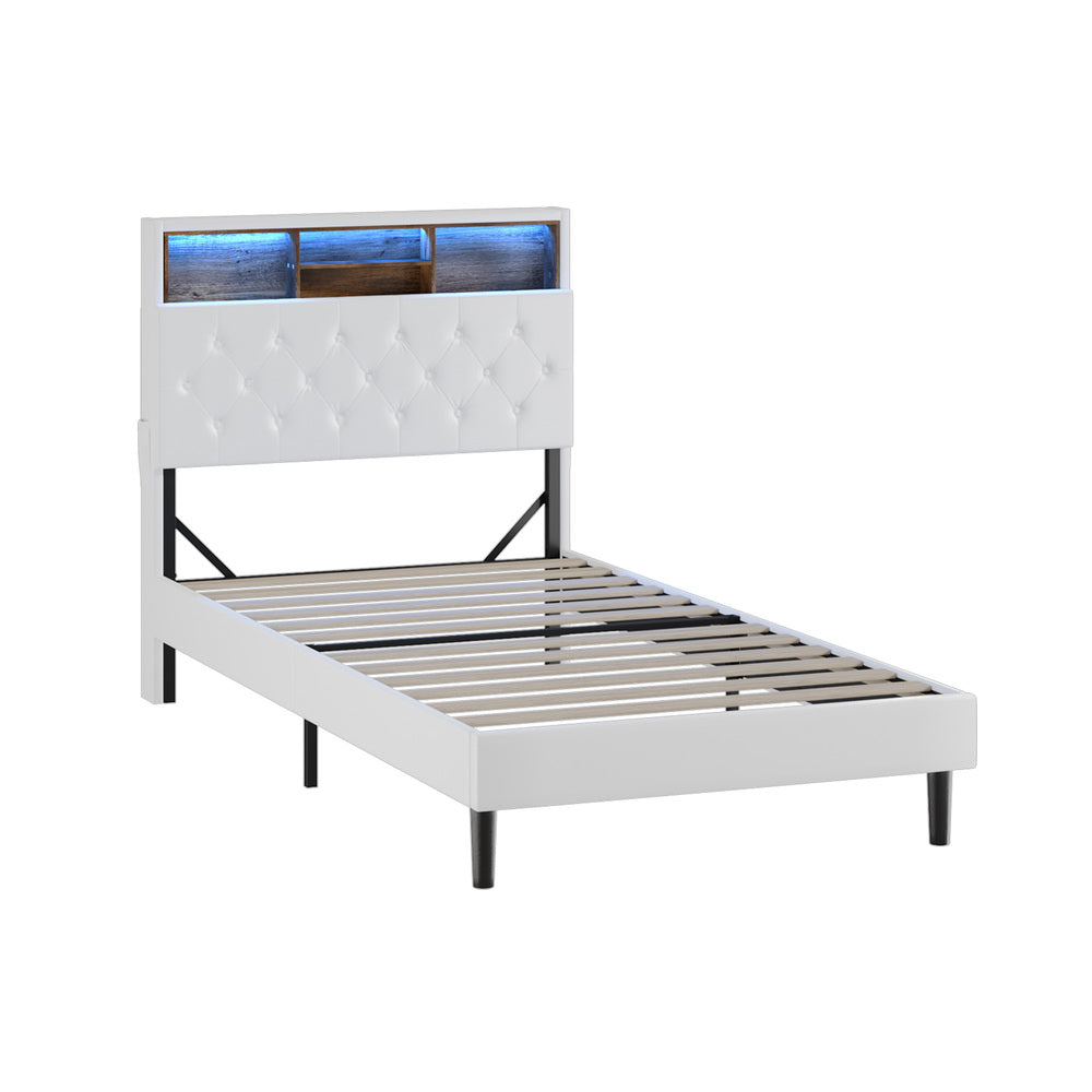 Oikiture Bed Frame King Single Size with LED Storage Bedhead White