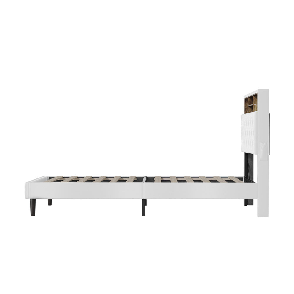 Oikiture Bed Frame King Single Size with LED Storage Bedhead White