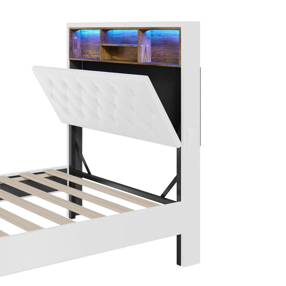 Oikiture Bed Frame King Single Size with LED Storage Bedhead White