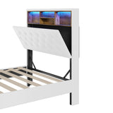 Oikiture Bed Frame King Single Size with LED Storage Bedhead White - Front View