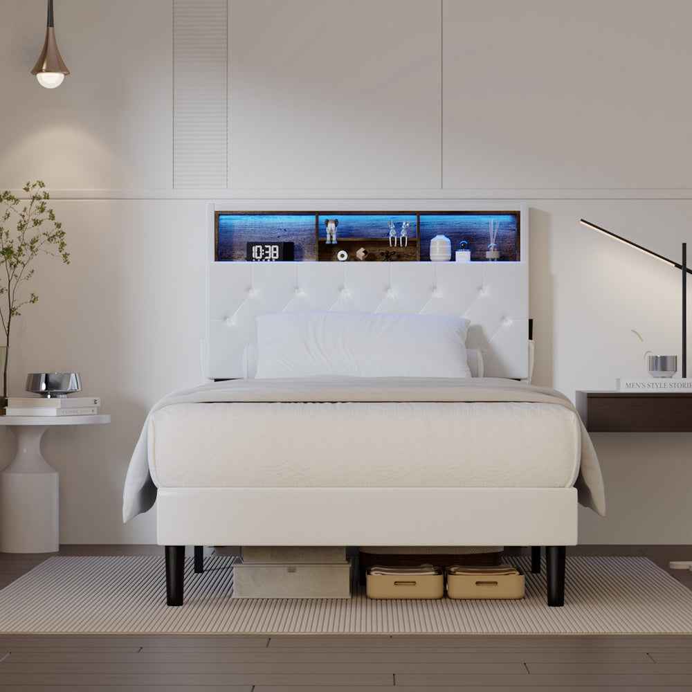 Oikiture Bed Frame King Single Size with LED Storage Bedhead White