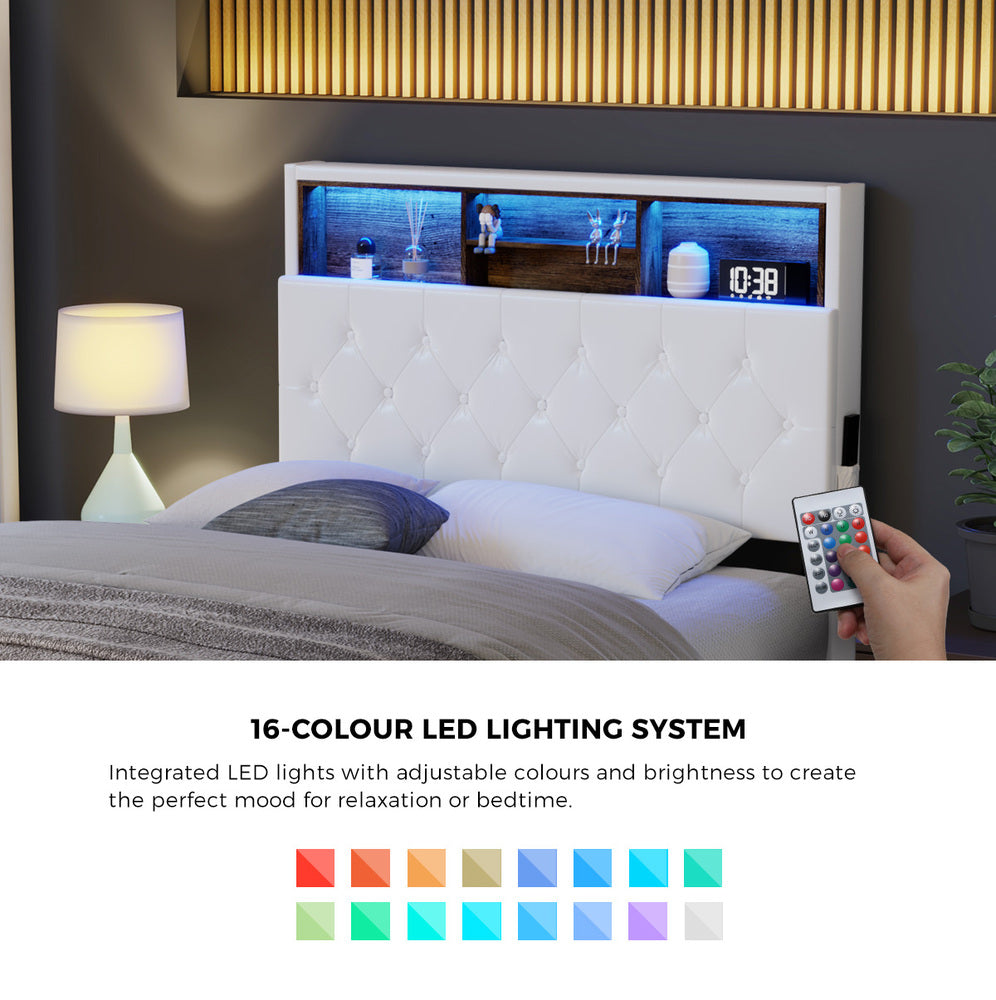 Oikiture Bed Frame King Single Size with LED Storage Bedhead White