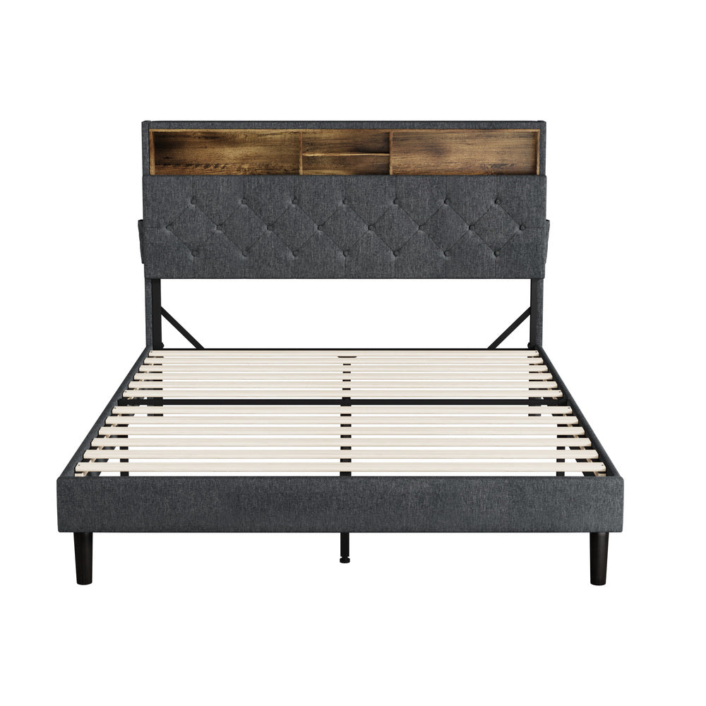 Oikiture Bed Frame with LED Storage Bedhead Queen Size NOVI