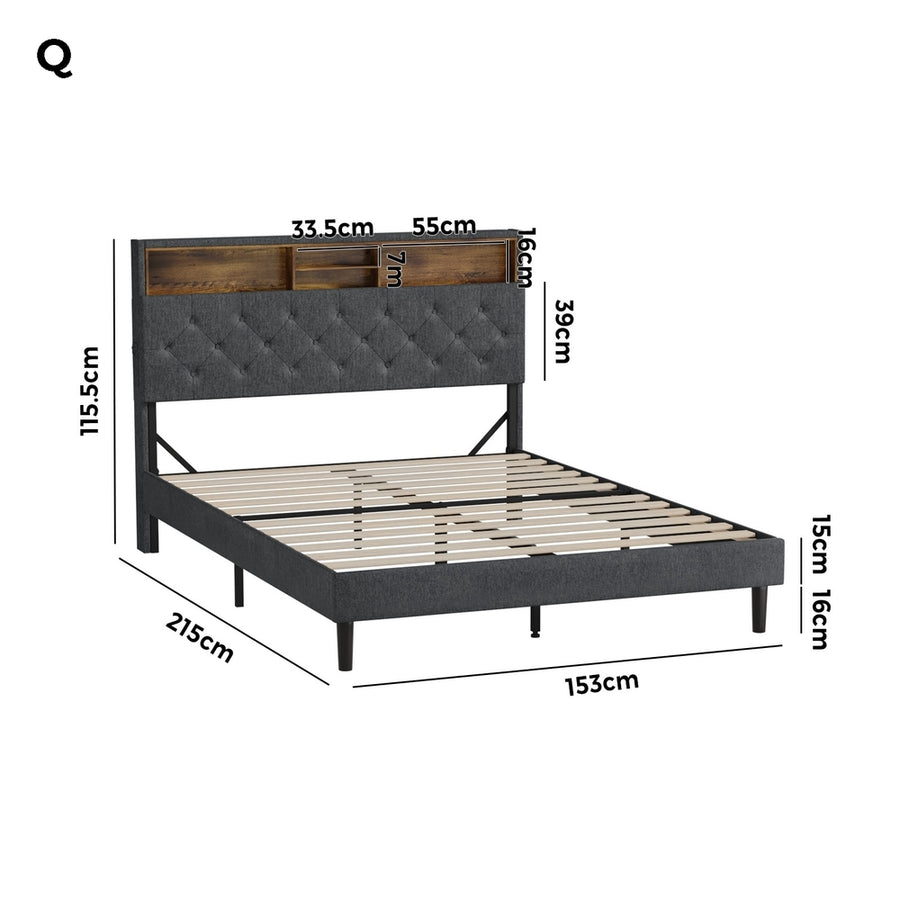 Oikiture Bed Frame with LED Storage Bedhead Queen Size NOVI