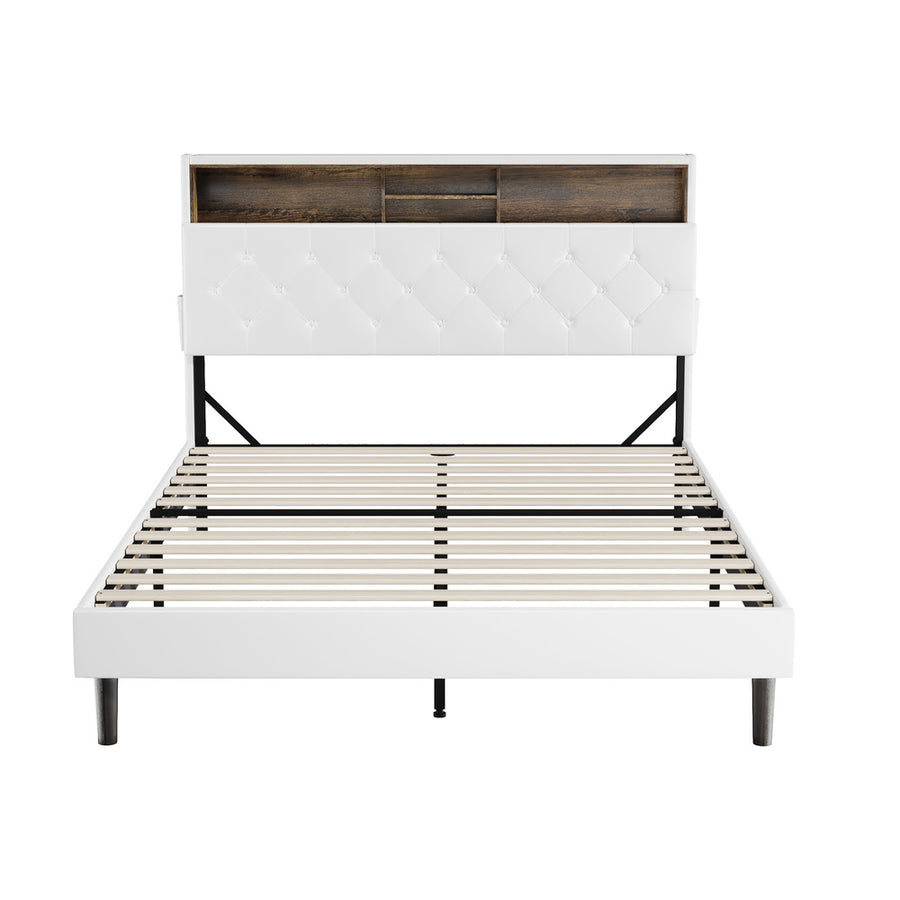 Oikiture Bed Frame Queen Size with LED Storage Bedhead White