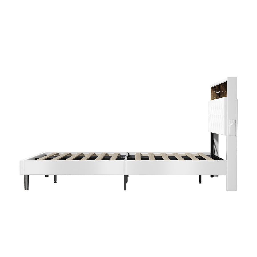 Oikiture Bed Frame Queen Size with LED Storage Bedhead White