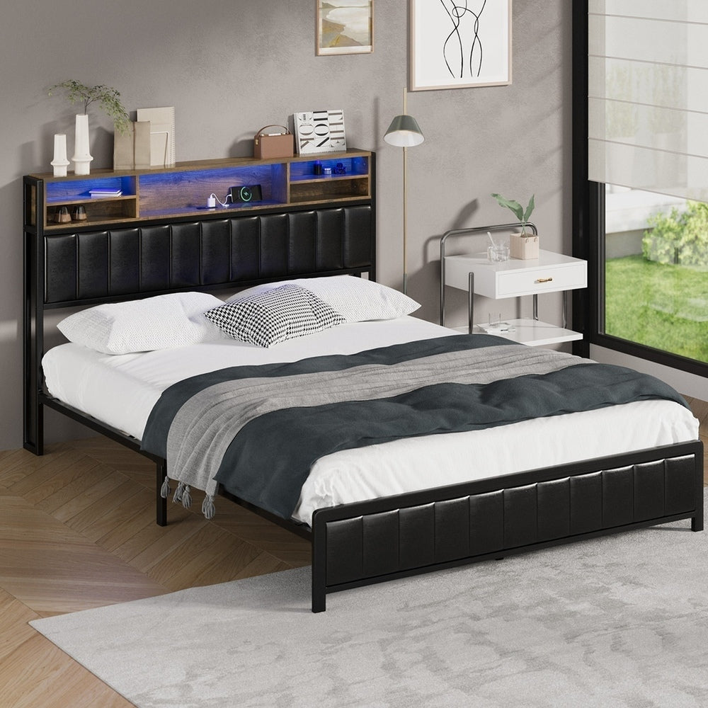 Oikiture Bed Frame Queen Size LED Storage Bedhead Leather Black