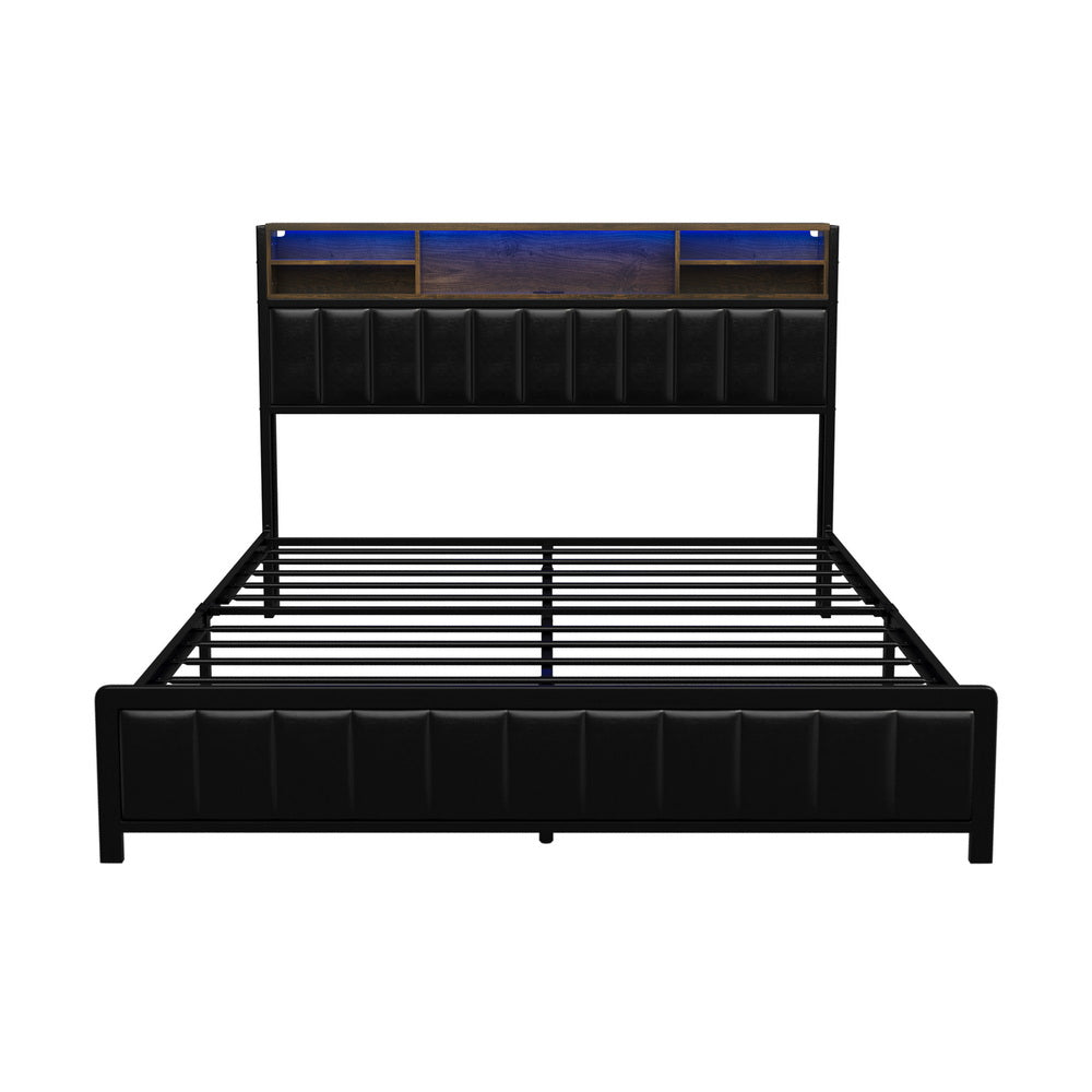 Oikiture Bed Frame Queen Size LED Storage Bedhead Leather Black