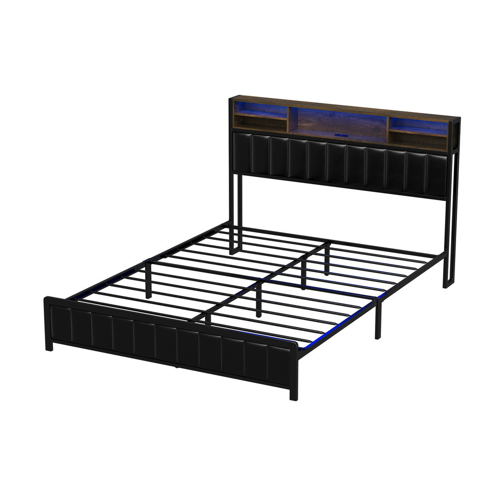 Oikiture Bed Frame Queen Size LED Storage Bedhead Leather Black