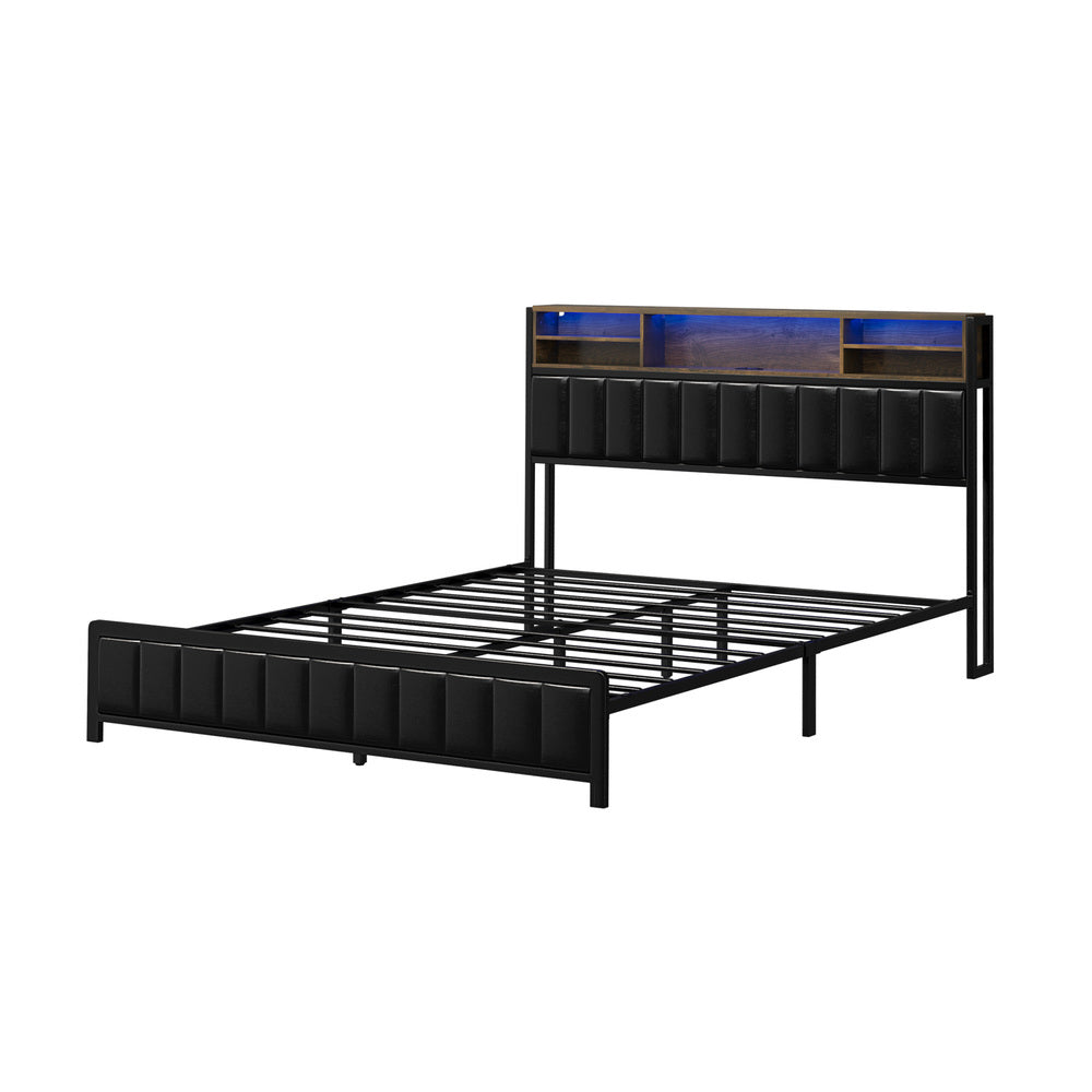 Oikiture Bed Frame Queen Size LED Storage Bedhead Leather Black