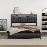 Oikiture Bed Frame Queen Size LED Storage Bedhead Leather Black - Top-Down View