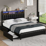 Oikiture Bed Frame Queen Size LED Storage Bedhead 4 Drawers Leather