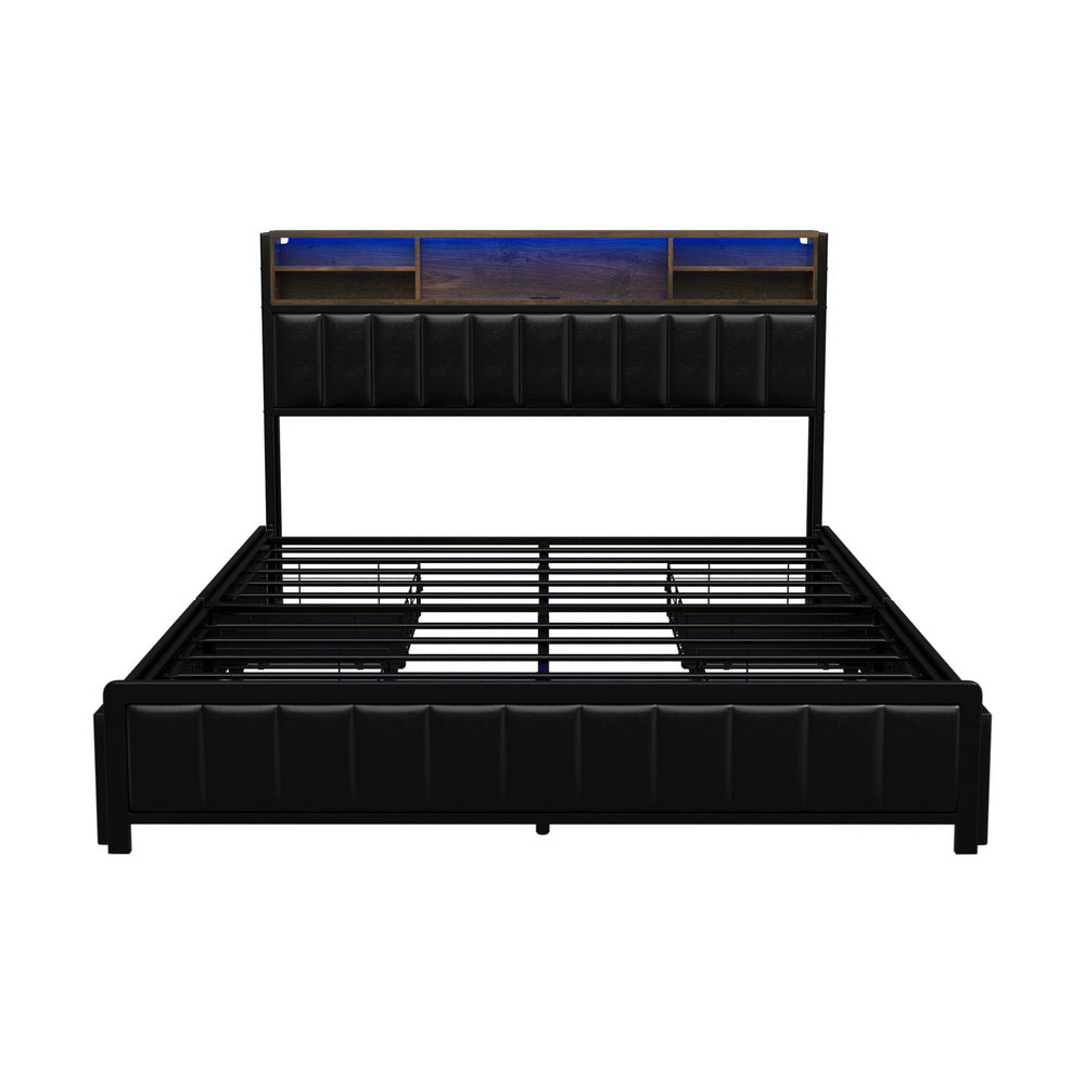Oikiture Bed Frame Queen Size LED Storage Bedhead 4 Drawers Leather