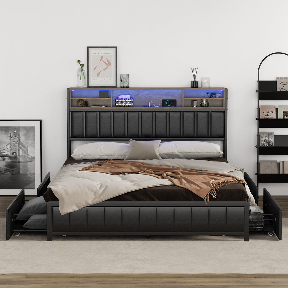Oikiture Bed Frame Queen Size LED Storage Bedhead 4 Drawers Leather