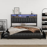Oikiture Bed Frame Queen Size LED Storage Bedhead 4 Drawers Leather