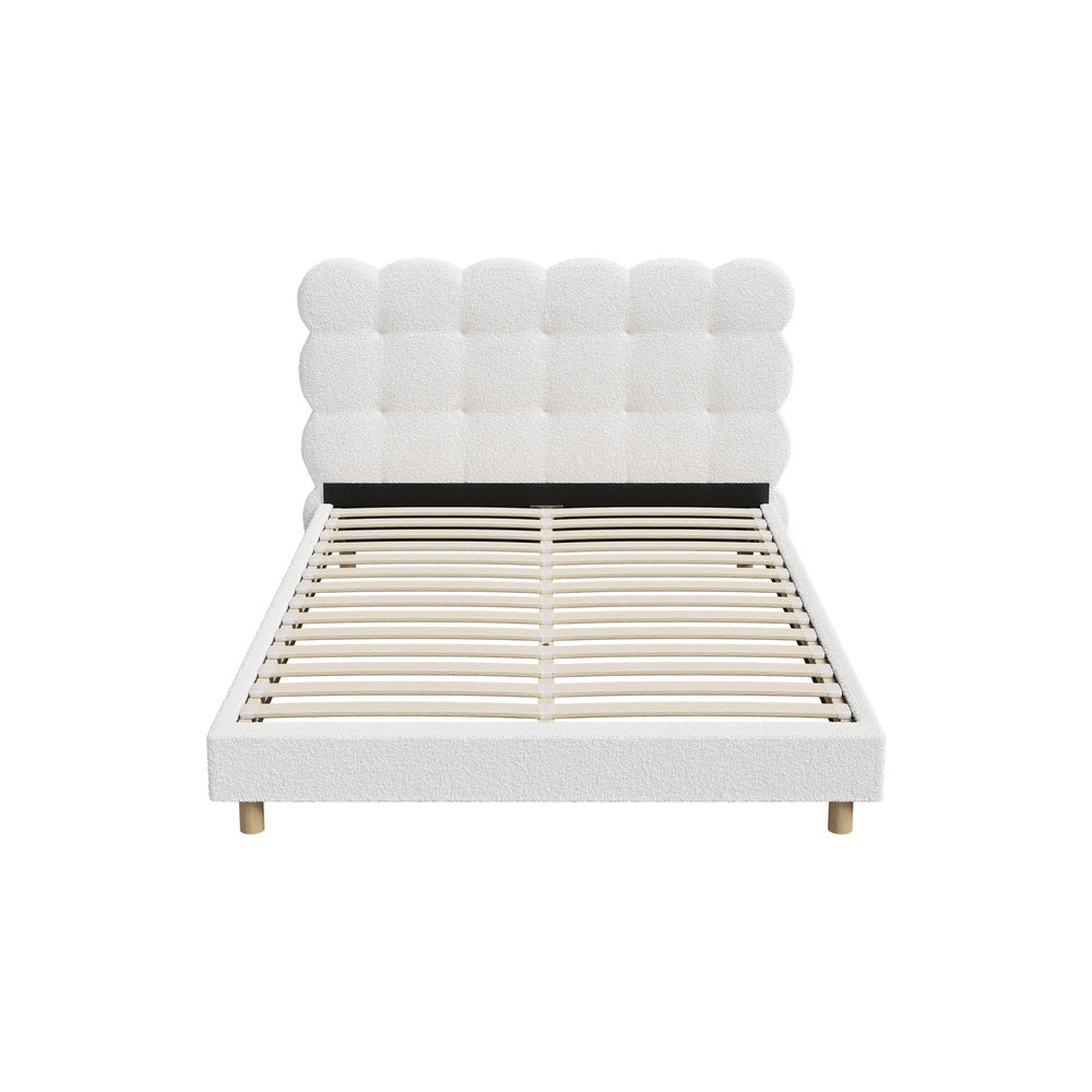 Oikiture Bed Frame Double Tufted Bedhead Boucle Fabric White