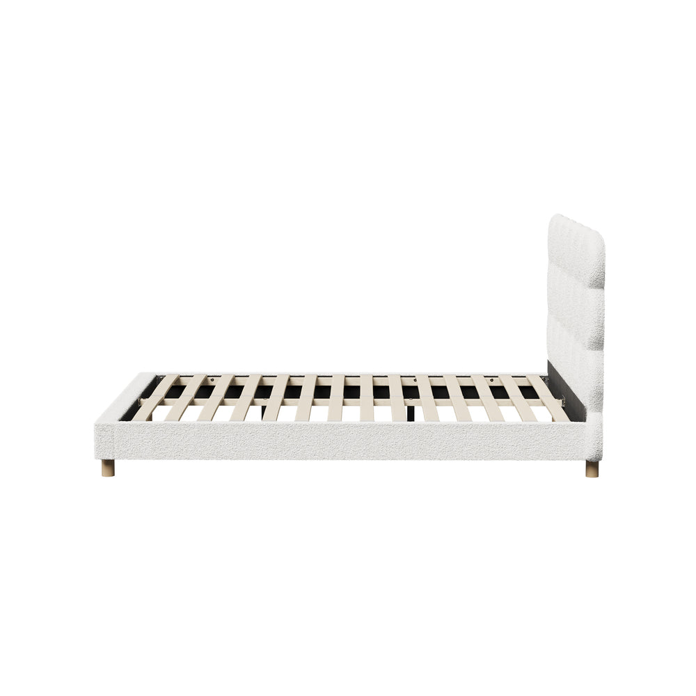 Oikiture Bed Frame Double Tufted Bedhead Boucle Fabric White