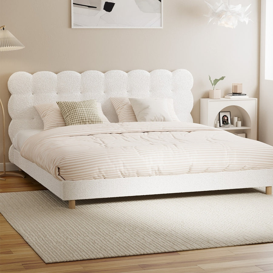 Oikiture Bed Frame King Tufted Bedhead Boucle Fabric White, image 2