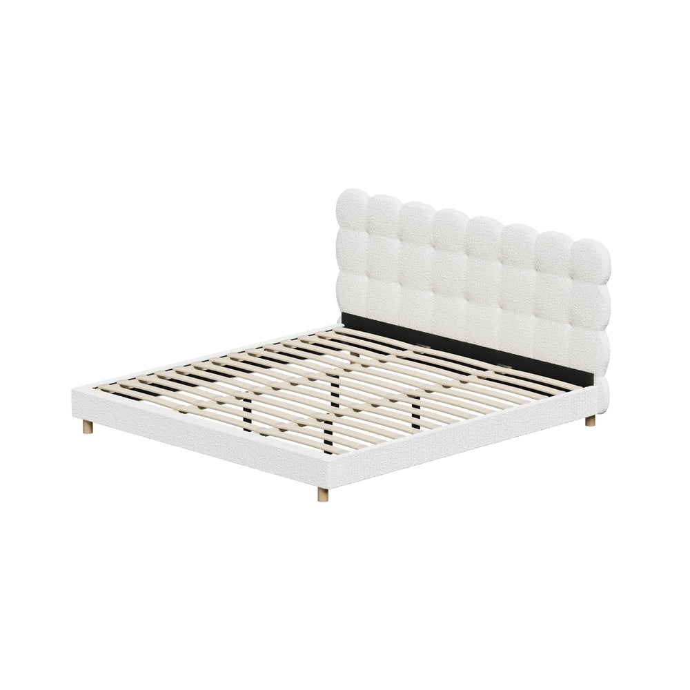 Oikiture Bed Frame King Tufted Bedhead Boucle Fabric White