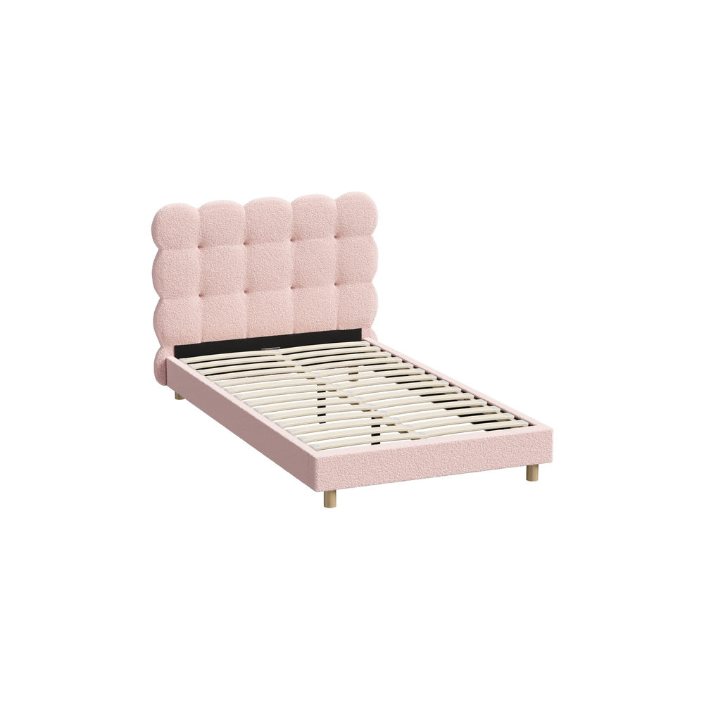 Oikiture Bed Frame King Single Tufted Bedhead Boucle Fabric Pink