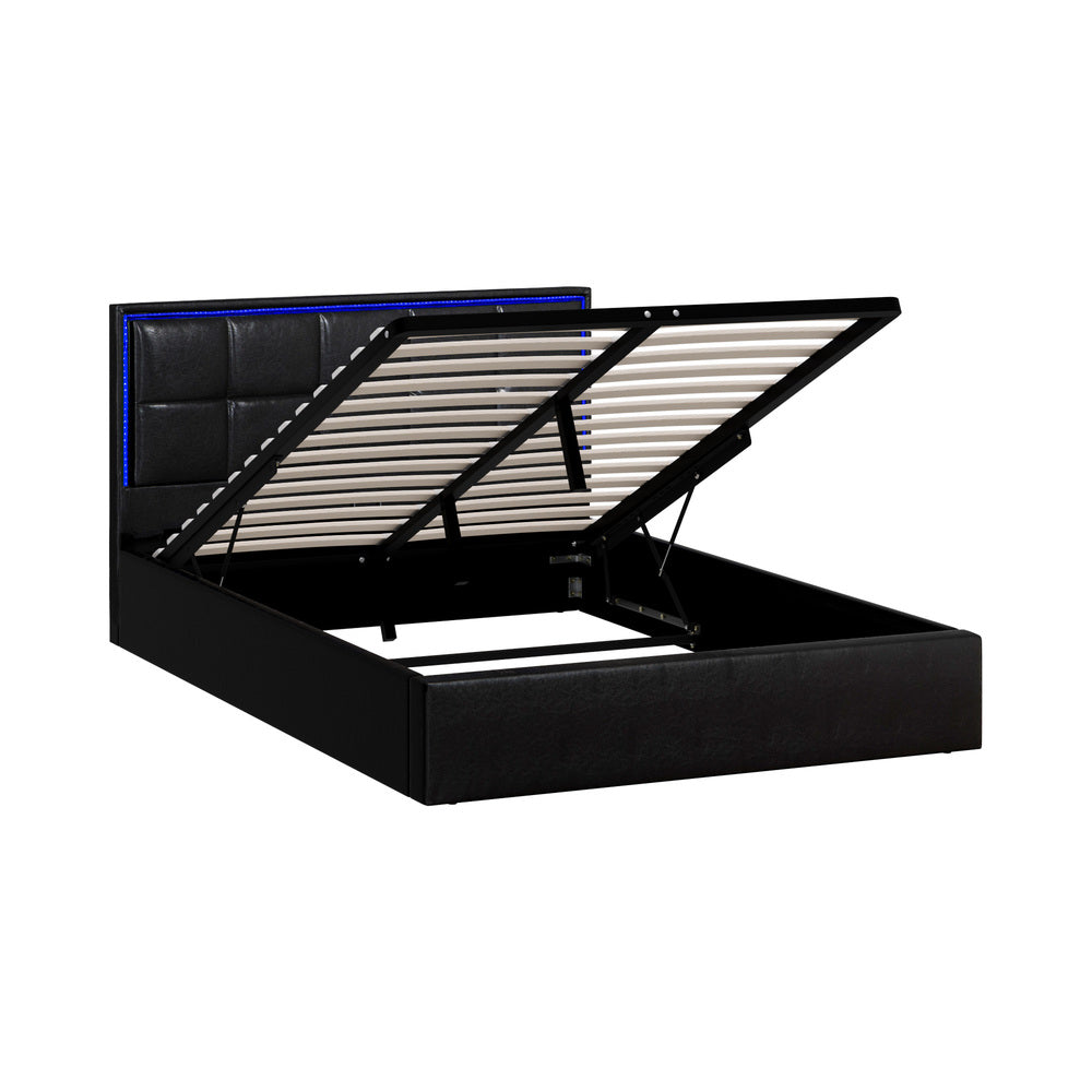 Oikiture Bed Frame Double Size RGB LED Gas Lift Storage Base Leather