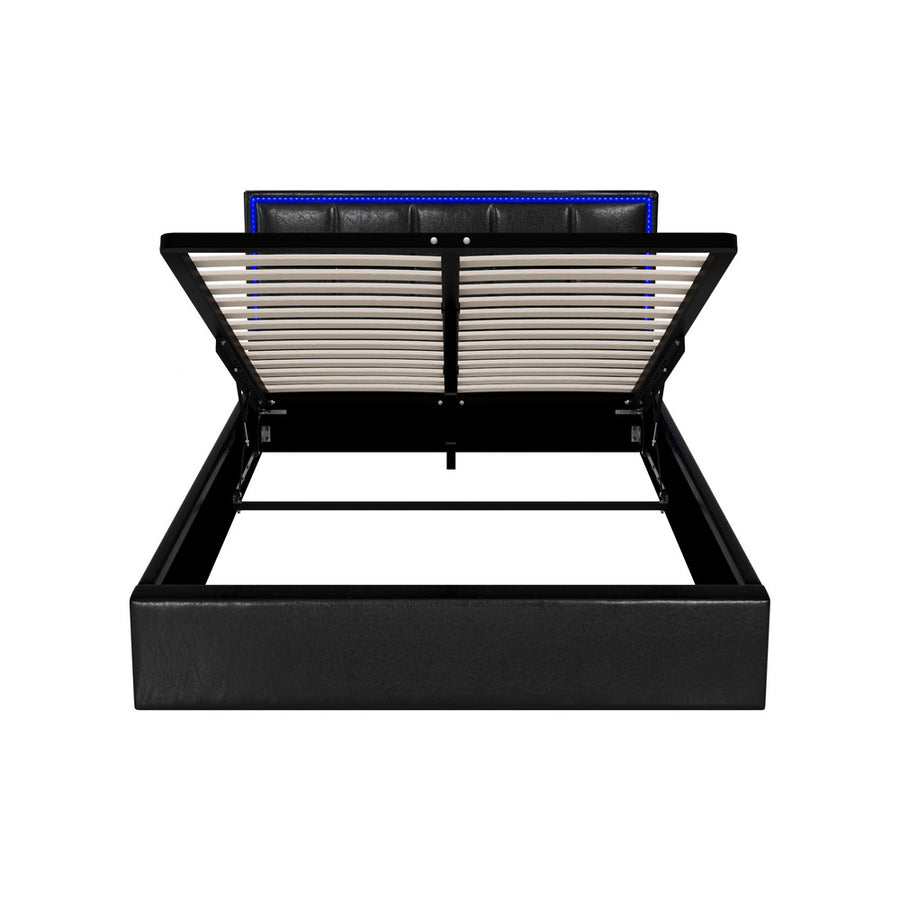 Oikiture Bed Frame Double Size RGB LED Gas Lift Storage Base Leather