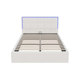 Oikiture Bed Frame Double Size RGB LED Gas Lift Storage Base White Boucle