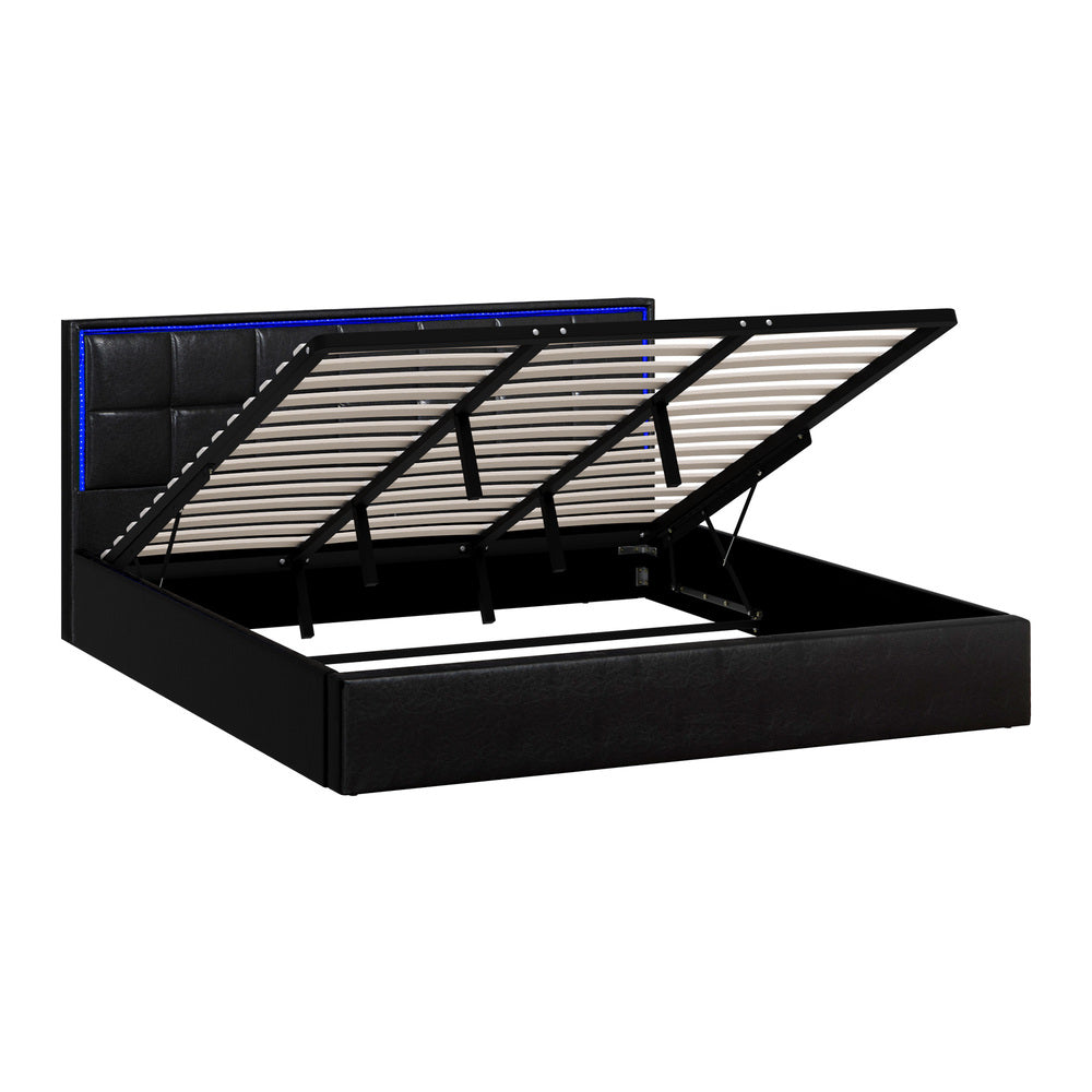 Oikiture Bed Frame King Size RGB LED Gas Lift Storage Base Leather