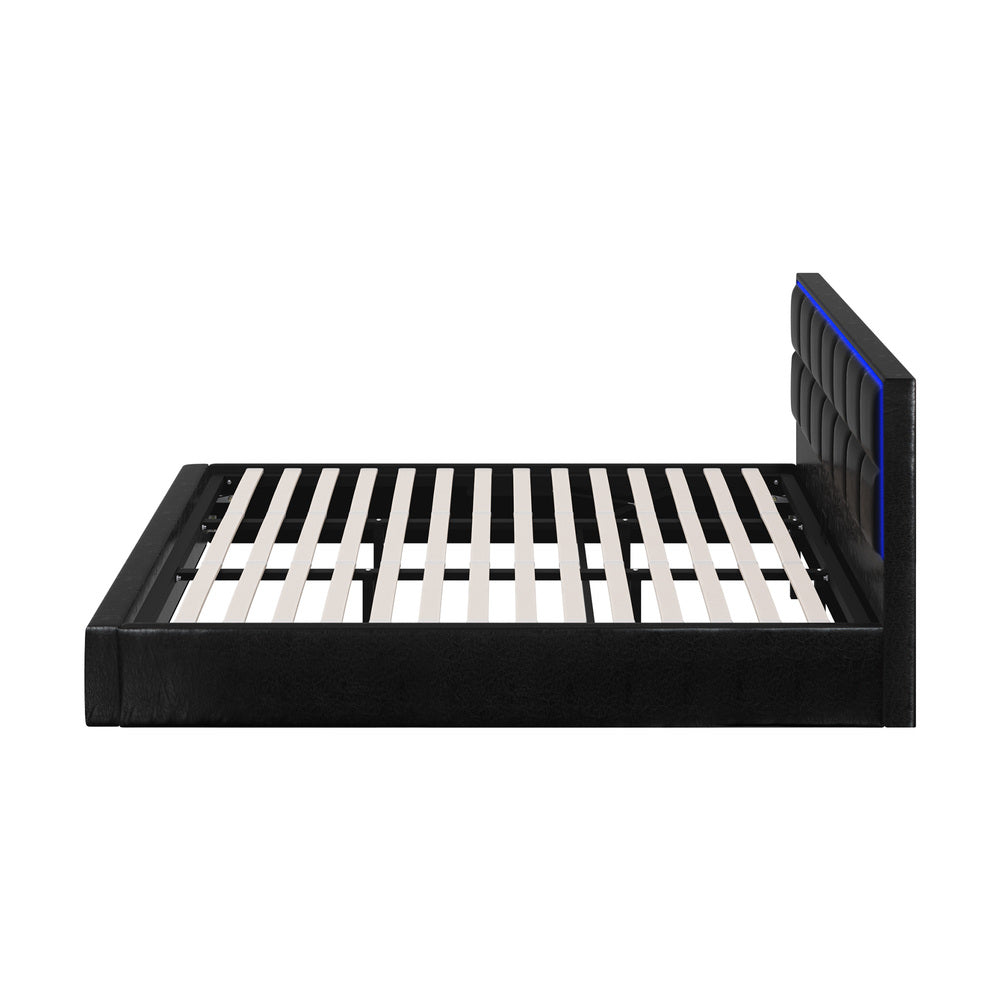 Oikiture Bed Frame King Size RGB LED Gas Lift Storage Base Leather