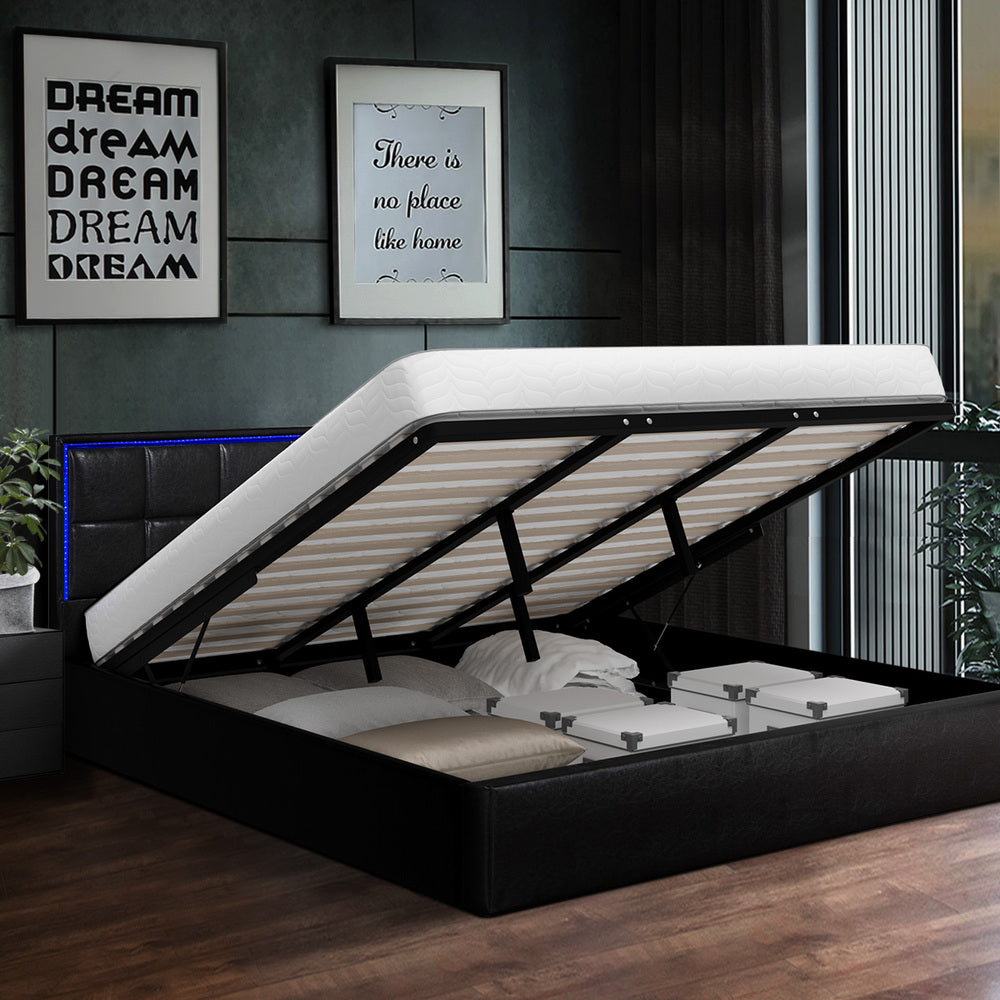 Oikiture Bed Frame King Size RGB LED Gas Lift Storage Base Leather