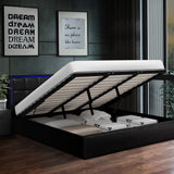 Oikiture Bed Frame King Size RGB LED Gas Lift Storage Base Leather