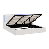 Oikiture Bed Frame King Size RGB LED Gas Lift Storage Base White Boucle