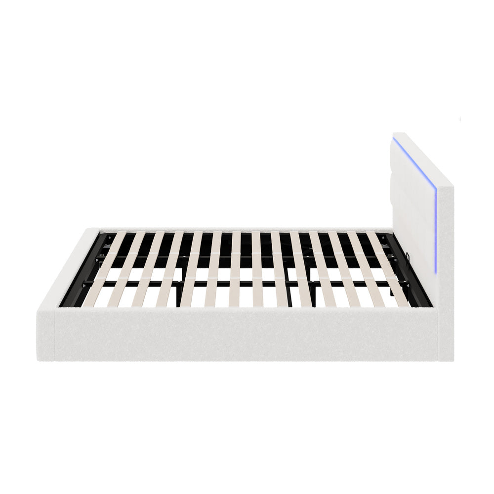 Oikiture Bed Frame King Size RGB LED Gas Lift Storage Base White Boucle