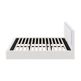 Oikiture Bed Frame King Size RGB LED Gas Lift Storage Base White Boucle