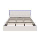 Oikiture Bed Frame King Size RGB LED Gas Lift Storage Base White Boucle