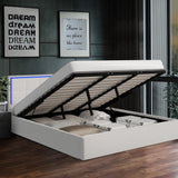 Oikiture Bed Frame King Size RGB LED Gas Lift Storage Base White Boucle