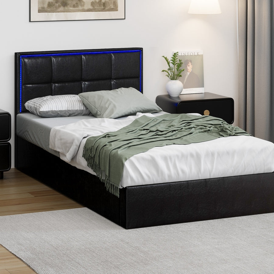 Oikiture Bed Frame King Single RGB LED Gas Lift Storage Base Leather