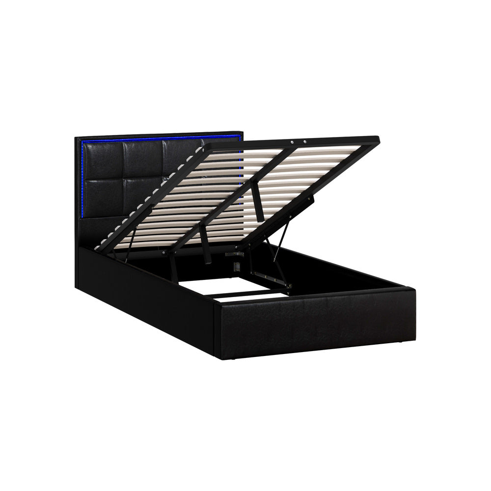 Oikiture Bed Frame King Single RGB LED Gas Lift Storage Base Leather
