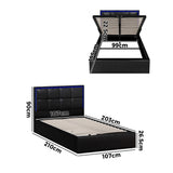 Oikiture Bed Frame King Single RGB LED Gas Lift Storage Base Leather