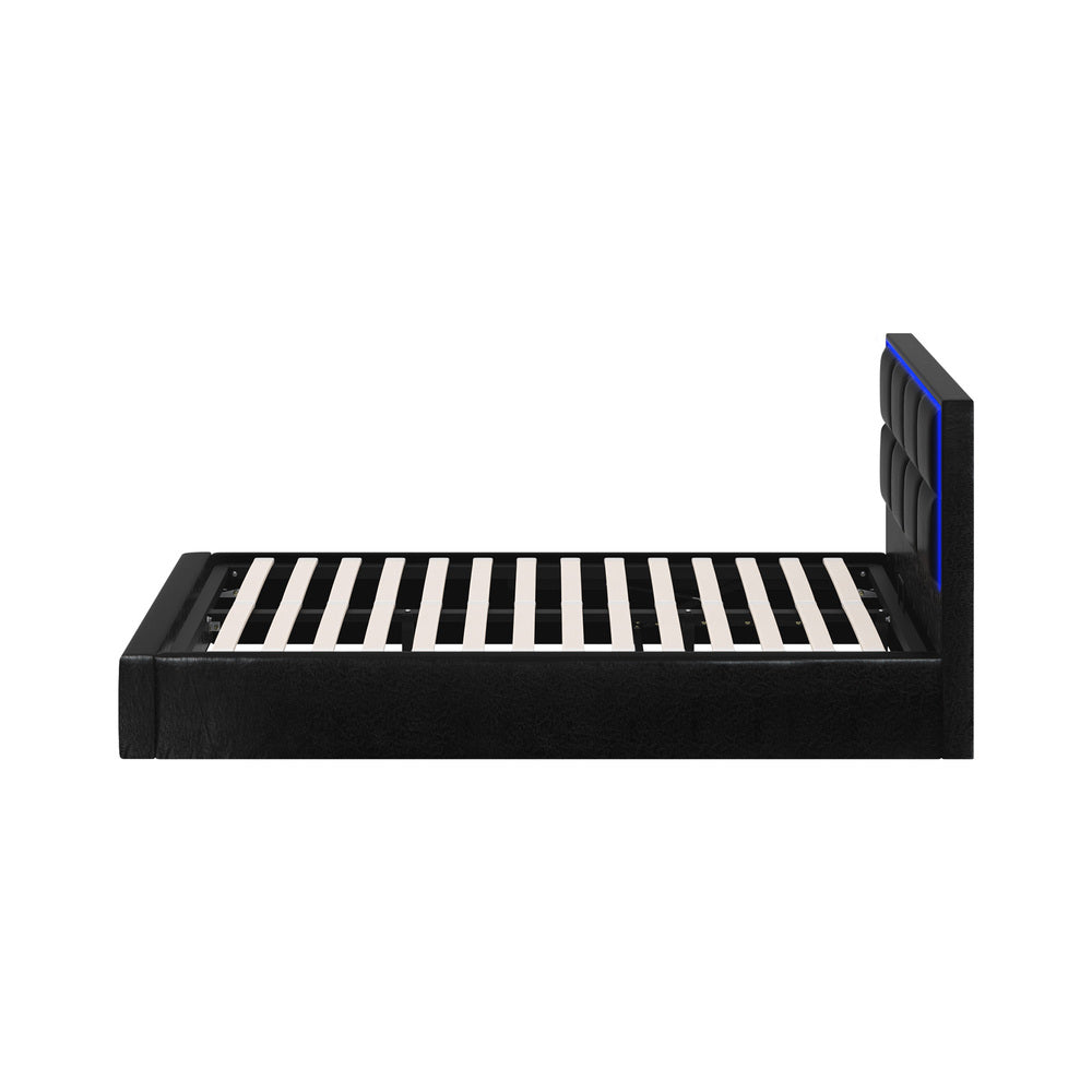 Oikiture Bed Frame King Single RGB LED Gas Lift Storage Base Leather