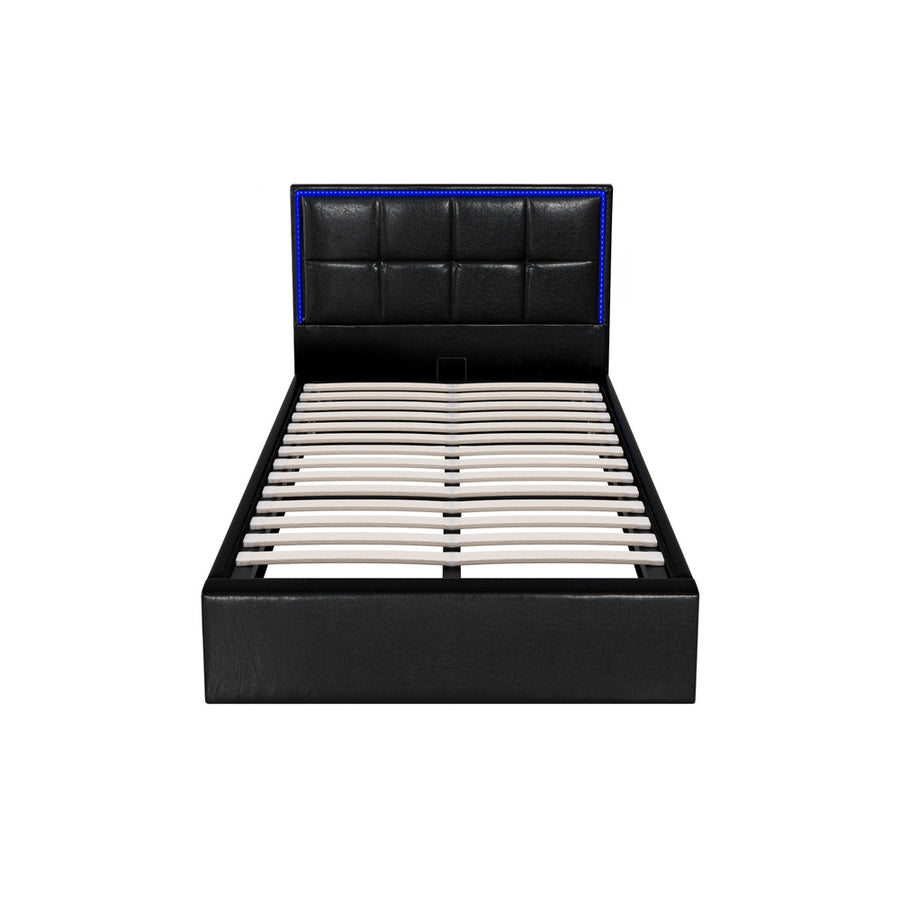 Oikiture Bed Frame King Single RGB LED Gas Lift Storage Base Leather