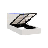 Oikiture Bed Frame King Single RGB LED Gas Lift Storage Base White Boucle